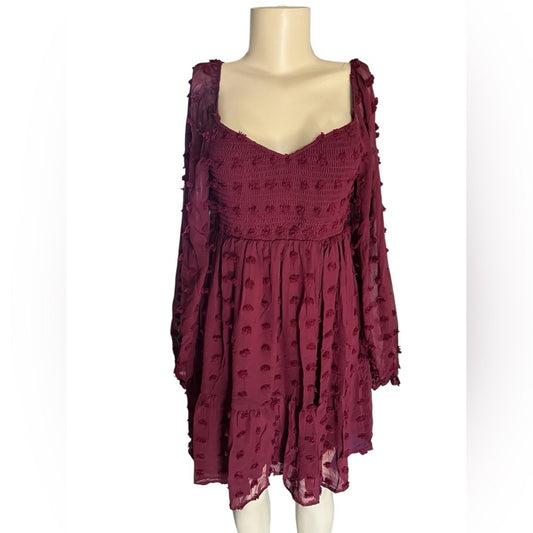 Burgundy Embellished Ruffled Mini Dress with Sweetheart Neckline