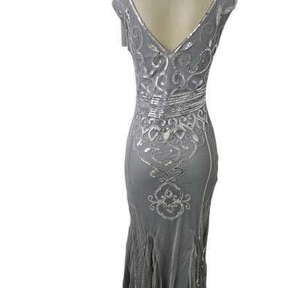 Elegant Silver Embellished Evening Gown