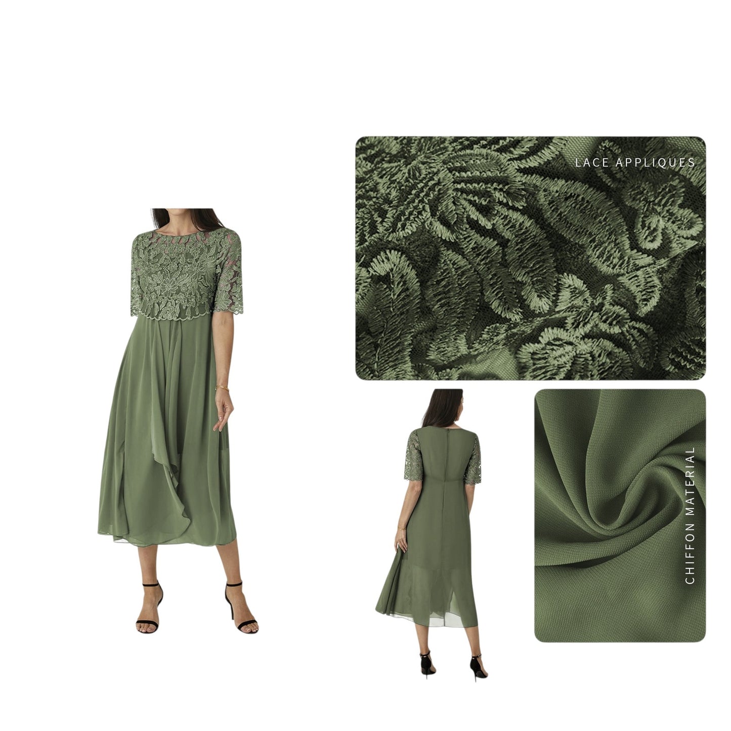 Sage Green Lace /Chiffon Dress with Half Sleeves