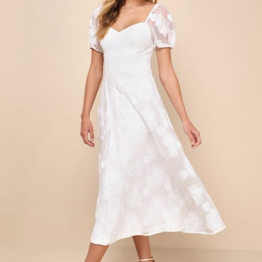 Lulu's White Puff Sleeve Sweetheart Midi Dress