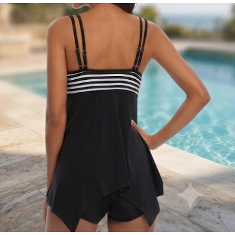 Classic Monochrome Striped Tankini with Handkerchief Hem