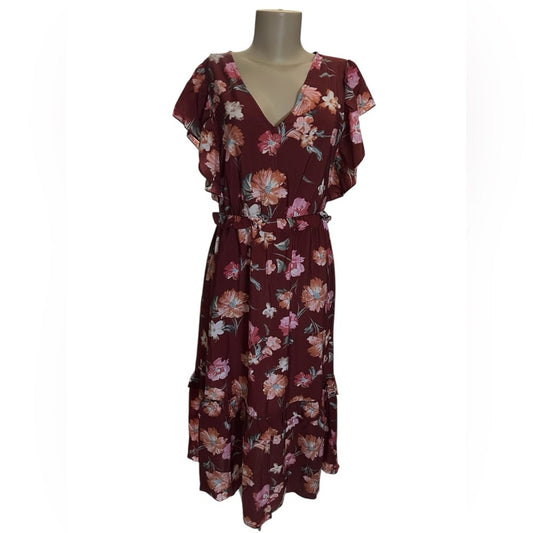 Sadie & Sage Red Flutter Sleeve Wrap Midi Dress