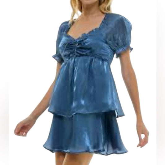 Blue Midi Dress with Ruffles and Flowy Silhouette